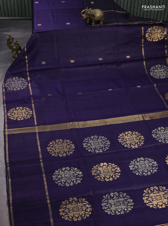 Pure dupion silk saree navy blue with thread & zari woven buttas and woven butta border