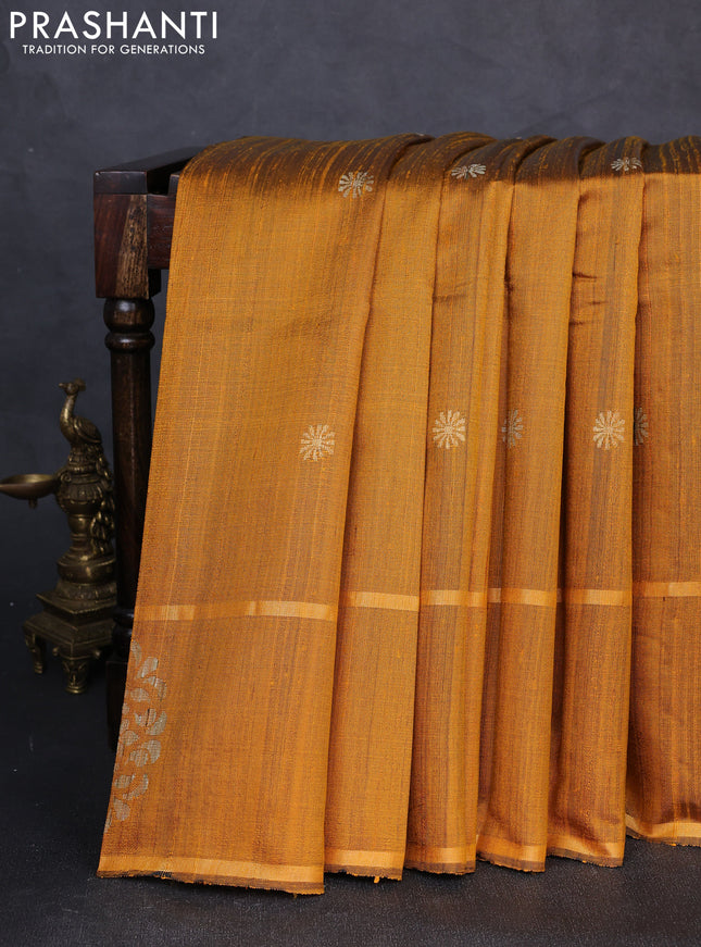 Pure dupion silk saree mustard yellow with thread & zari woven buttas and woven butta border
