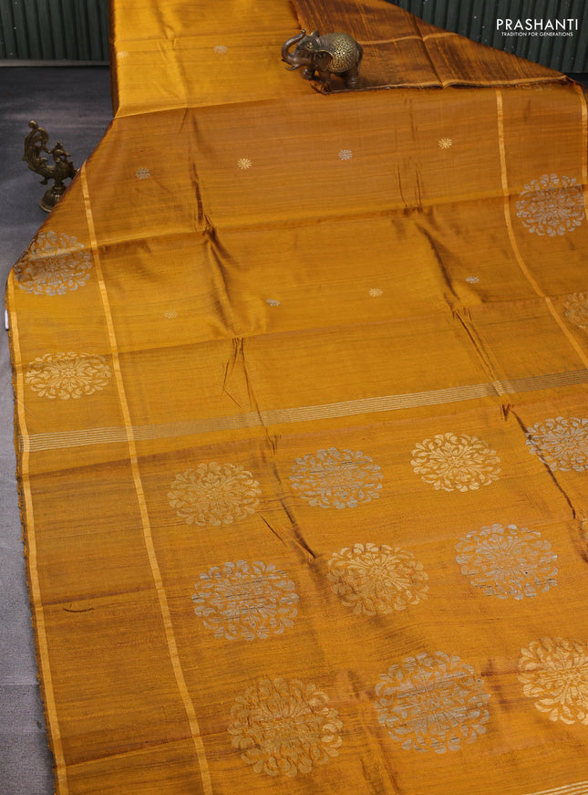 Pure dupion silk saree mustard yellow with thread & zari woven buttas and woven butta border