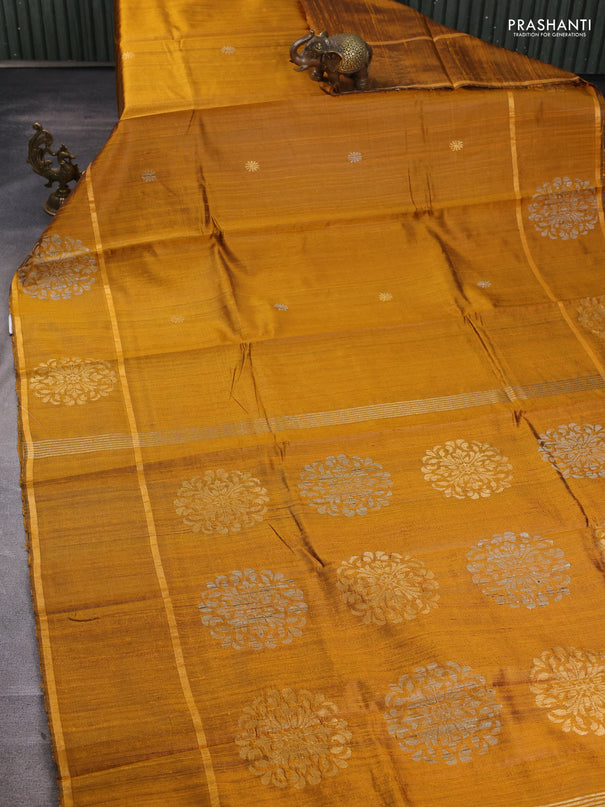 Pure dupion silk saree mustard yellow with thread & zari woven buttas and woven butta border