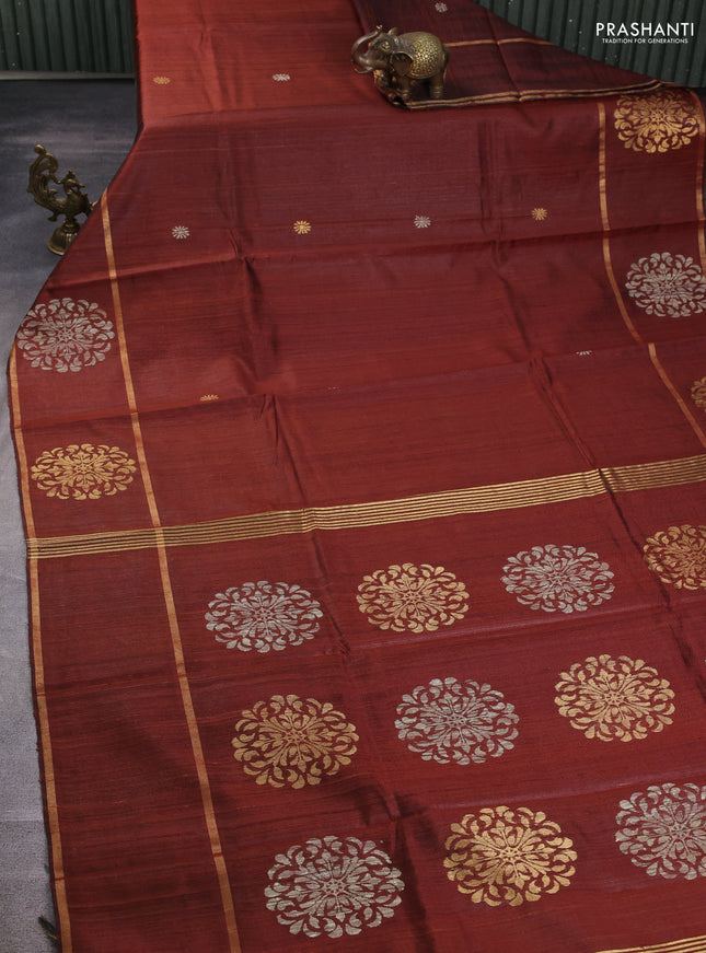 Pure dupion silk saree brown with thread & zari woven buttas and woven butta border