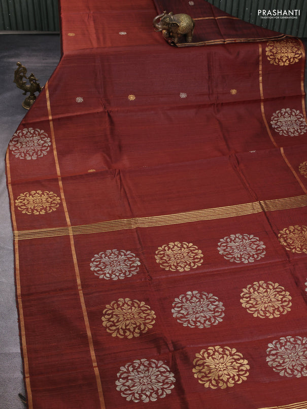 Pure dupion silk saree brown with thread & zari woven buttas and woven butta border