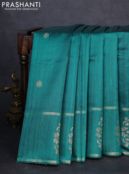 Pure dupion silk saree teal green with thread & zari woven buttas and woven butta border