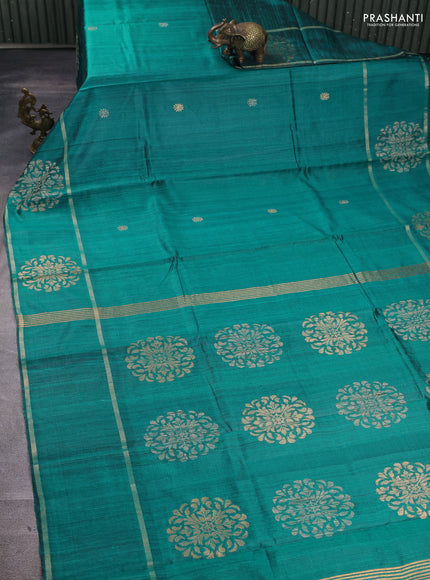 Pure dupion silk saree teal green with thread & zari woven buttas and woven butta border