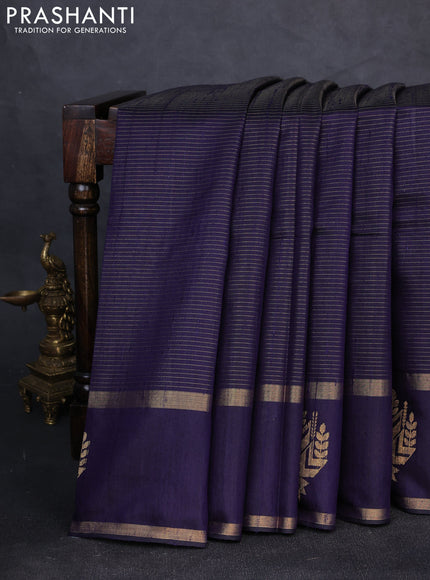 Pure dupion silk saree navy blue with allover zari stripe pattern and rettapet zari woven butta border