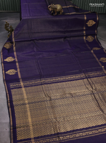 Pure dupion silk saree navy blue with allover zari stripe pattern and rettapet zari woven butta border