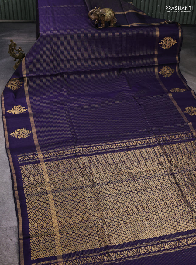 Pure dupion silk saree navy blue with allover zari stripe pattern and rettapet zari woven butta border