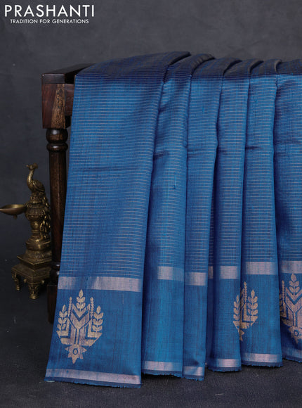 Pure dupion silk saree cs blue with allover zari stripe pattern and rettapet zari woven butta border