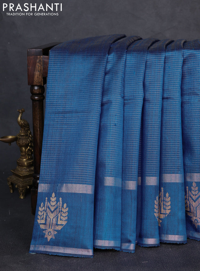 Pure dupion silk saree cs blue with allover zari stripe pattern and rettapet zari woven butta border