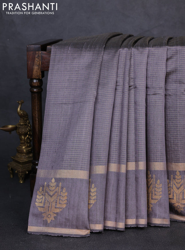 Pure dupion silk saree grey with allover zari stripe pattern and rettapet zari woven butta border