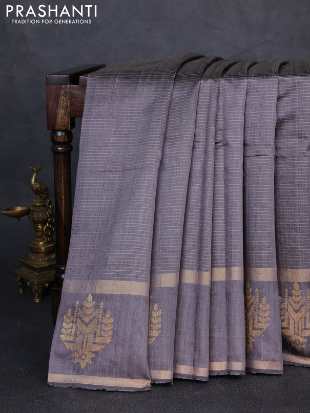 Pure dupion silk saree grey with allover zari stripe pattern and rettapet zari woven butta border