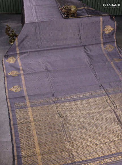 Pure dupion silk saree grey with allover zari stripe pattern and rettapet zari woven butta border
