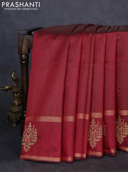Pure dupion silk saree maroon with allover zari stripe pattern and rettapet zari woven butta border