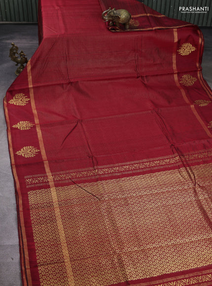 Pure dupion silk saree maroon with allover zari stripe pattern and rettapet zari woven butta border