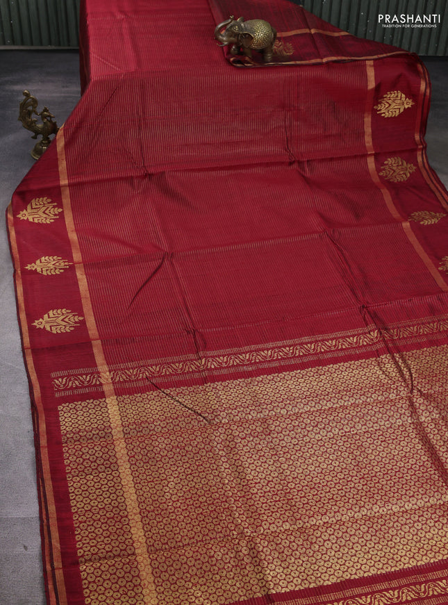 Pure dupion silk saree maroon with allover zari stripe pattern and rettapet zari woven butta border
