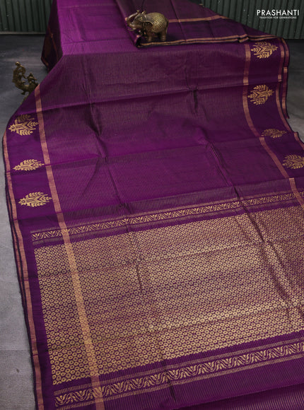Pure dupion silk saree purple with allover zari stripe pattern and rettapet zari woven butta border