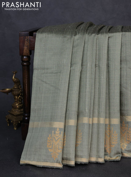 Pure dupion silk saree chiku with allover zari stripe pattern and rettapet zari woven butta border