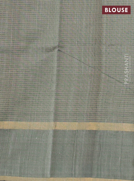 Pure dupion silk saree chiku with allover zari stripe pattern and rettapet zari woven butta border