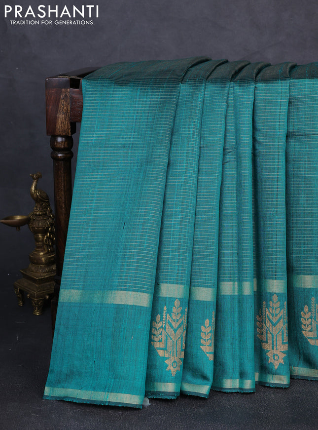 Pure dupion silk saree teal green with allover zari stripe pattern and rettapet zari woven butta border