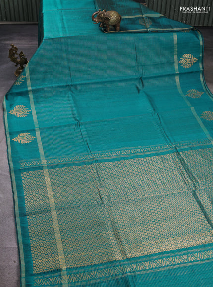 Pure dupion silk saree teal green with allover zari stripe pattern and rettapet zari woven butta border