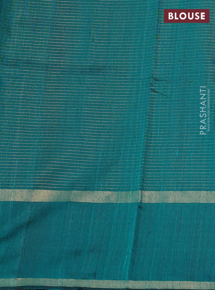 Pure dupion silk saree teal green with allover zari stripe pattern and rettapet zari woven butta border