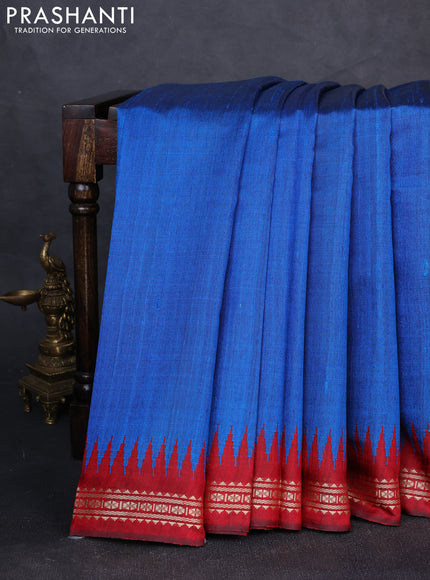 Pure dupion silk saree cs blue and maroon with plain body and temple design vidarbha border