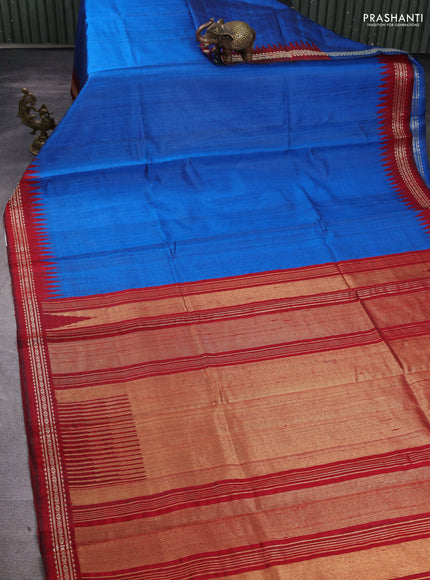 Pure dupion silk saree cs blue and maroon with plain body and temple design vidarbha border