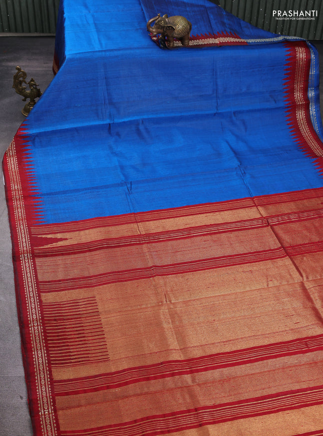 Pure dupion silk saree cs blue and maroon with plain body and temple design vidarbha border