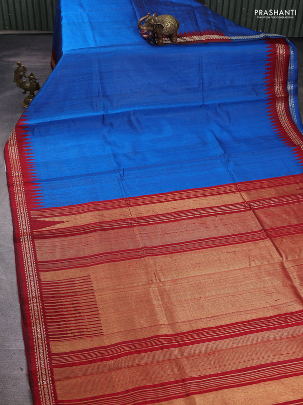 Pure dupion silk saree cs blue and maroon with plain body and temple design vidarbha border
