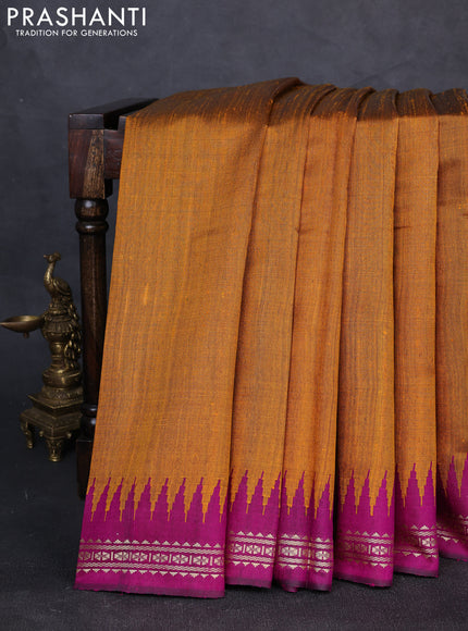 Pure dupion silk saree mustard yellow and magenta pink with plain body and temple design vidarbha border