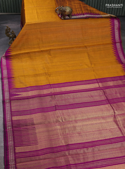 Pure dupion silk saree mustard yellow and magenta pink with plain body and temple design vidarbha border