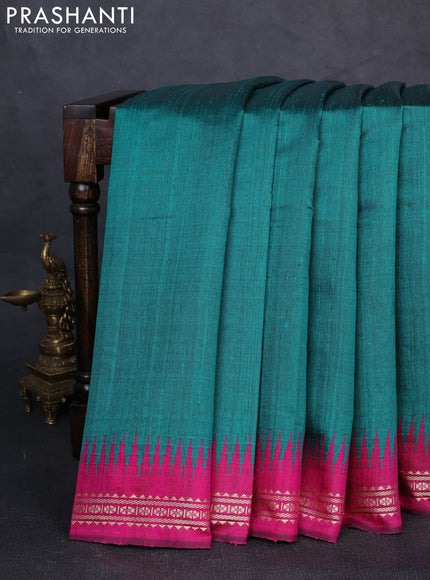 Pure dupion silk saree teal green and pink with plain body and temple design vidarbha border