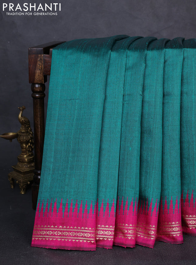 Pure dupion silk saree teal green and pink with plain body and temple design vidarbha border