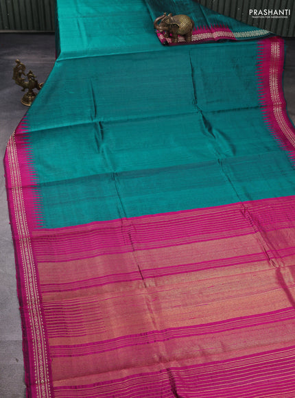 Pure dupion silk saree teal green and pink with plain body and temple design vidarbha border