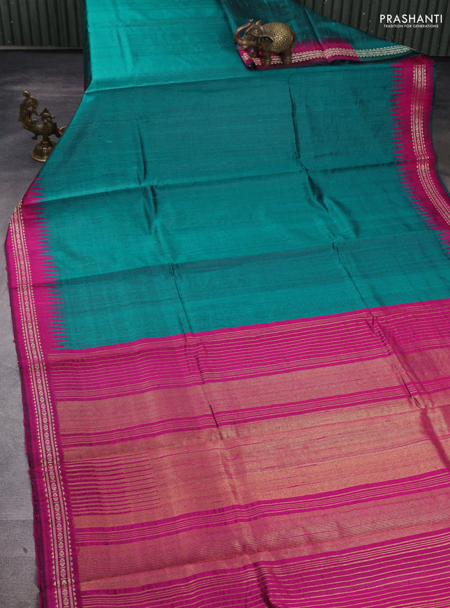 Pure dupion silk saree teal green and pink with plain body and temple design vidarbha border