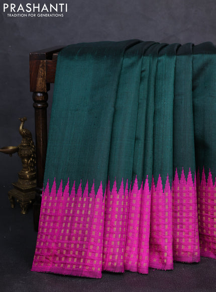 Pure dupion silk saree green and pink with plain body and temple design zari woven border
