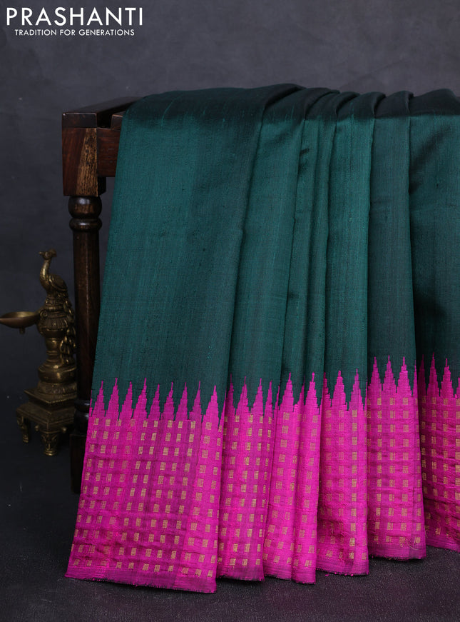 Pure dupion silk saree green and pink with plain body and temple design zari woven border