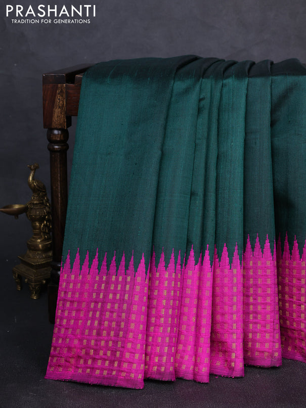 Pure dupion silk saree green and pink with plain body and temple design zari woven border