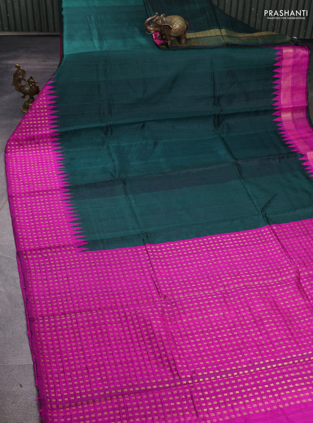 Pure dupion silk saree green and pink with plain body and temple design zari woven border
