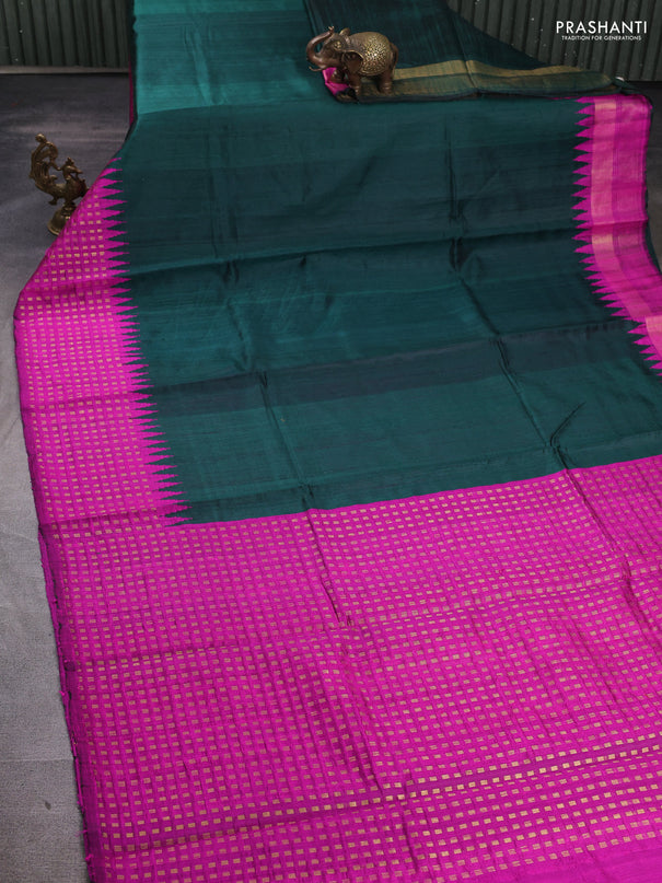 Pure dupion silk saree green and pink with plain body and temple design zari woven border