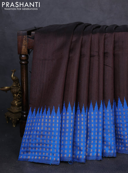 Pure dupion silk saree deep coffee brown and cs blue with plain body and temple design zari woven border