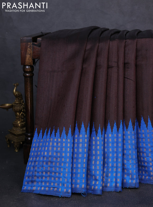 Pure dupion silk saree deep coffee brown and cs blue with plain body and temple design zari woven border