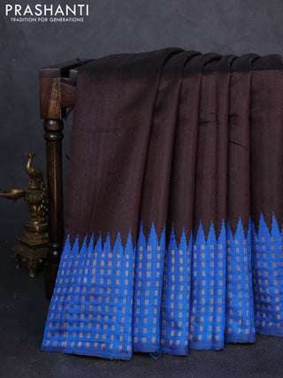 Pure dupion silk saree deep coffee brown and cs blue with plain body and temple design zari woven border