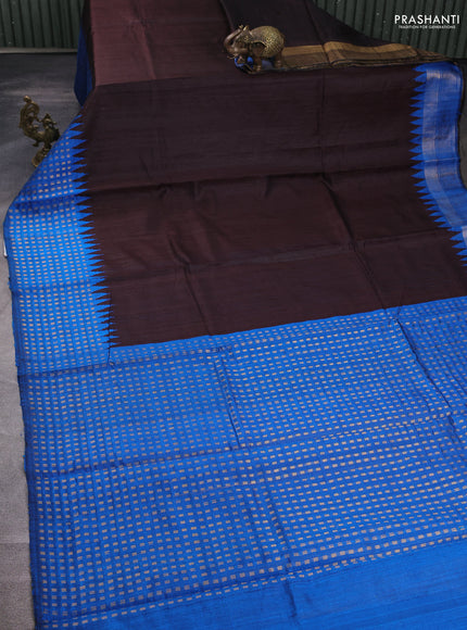 Pure dupion silk saree deep coffee brown and cs blue with plain body and temple design zari woven border