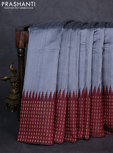 Pure dupion silk saree grey and deep maroon with plain body and temple design zari woven border