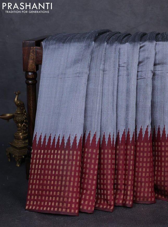 Pure dupion silk saree grey and deep maroon with plain body and temple design zari woven border