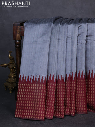 Pure dupion silk saree grey and deep maroon with plain body and temple design zari woven border