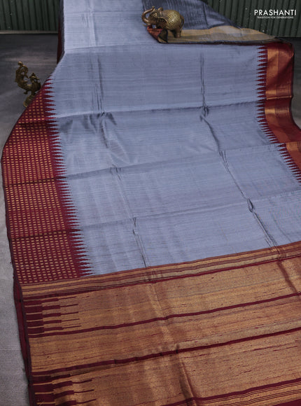 Pure dupion silk saree grey and deep maroon with plain body and temple design zari woven border