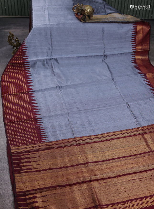 Pure dupion silk saree grey and deep maroon with plain body and temple design zari woven border