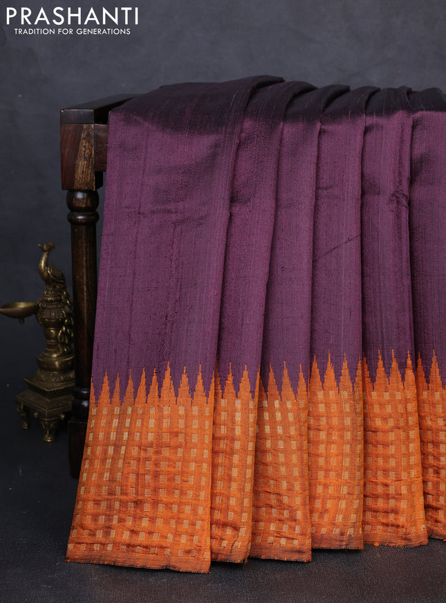 Pure dupion silk saree wine shade and mustard yellow with plain body and temple design zari woven border